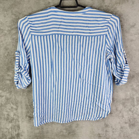 Womens Petite Ruby Rd. Blue & White Striped Blouse Top Rolled Tab Sleeve Size PL - Picture 6 of 9